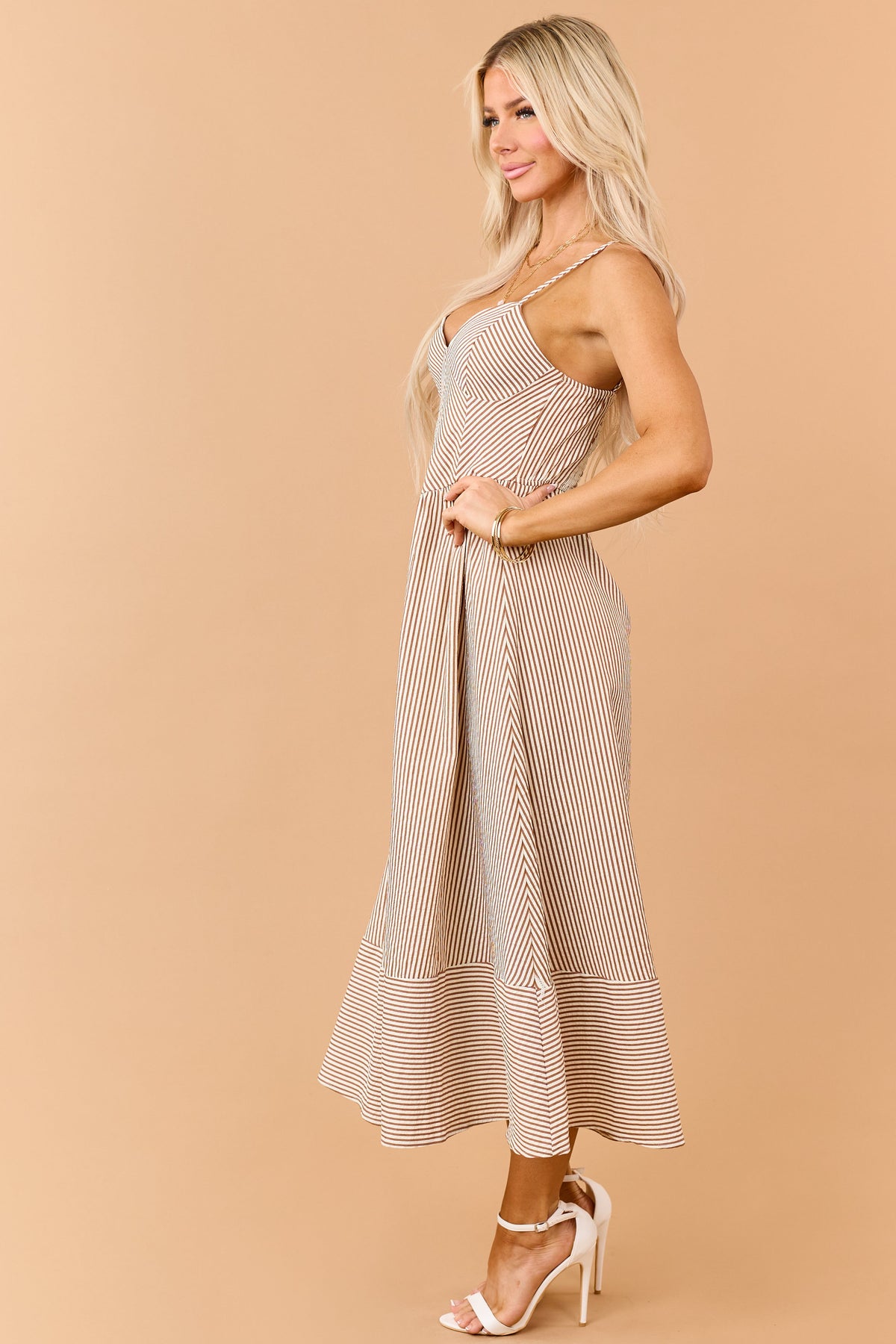Brown Sugar Striped V-Neck Midi Sundress