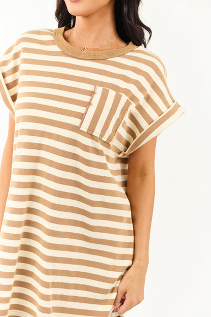 Brown Sugar and Cream Striped Cotton Tee Shirt Dress