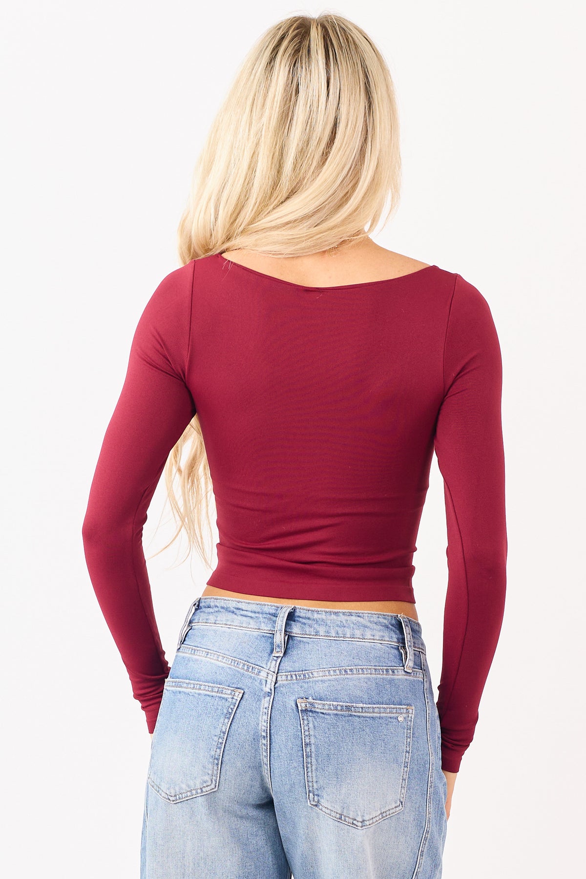 Burgundy Double Layer Square Neck Fitted Knit Crop Top