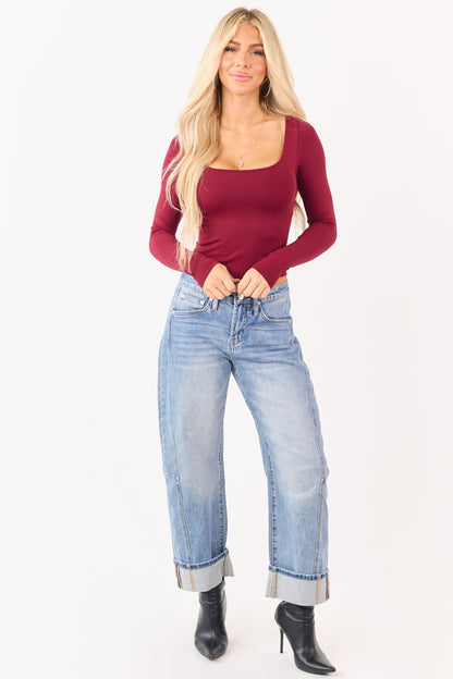 Burgundy Double Layer Square Neck Fitted Knit Crop Top
