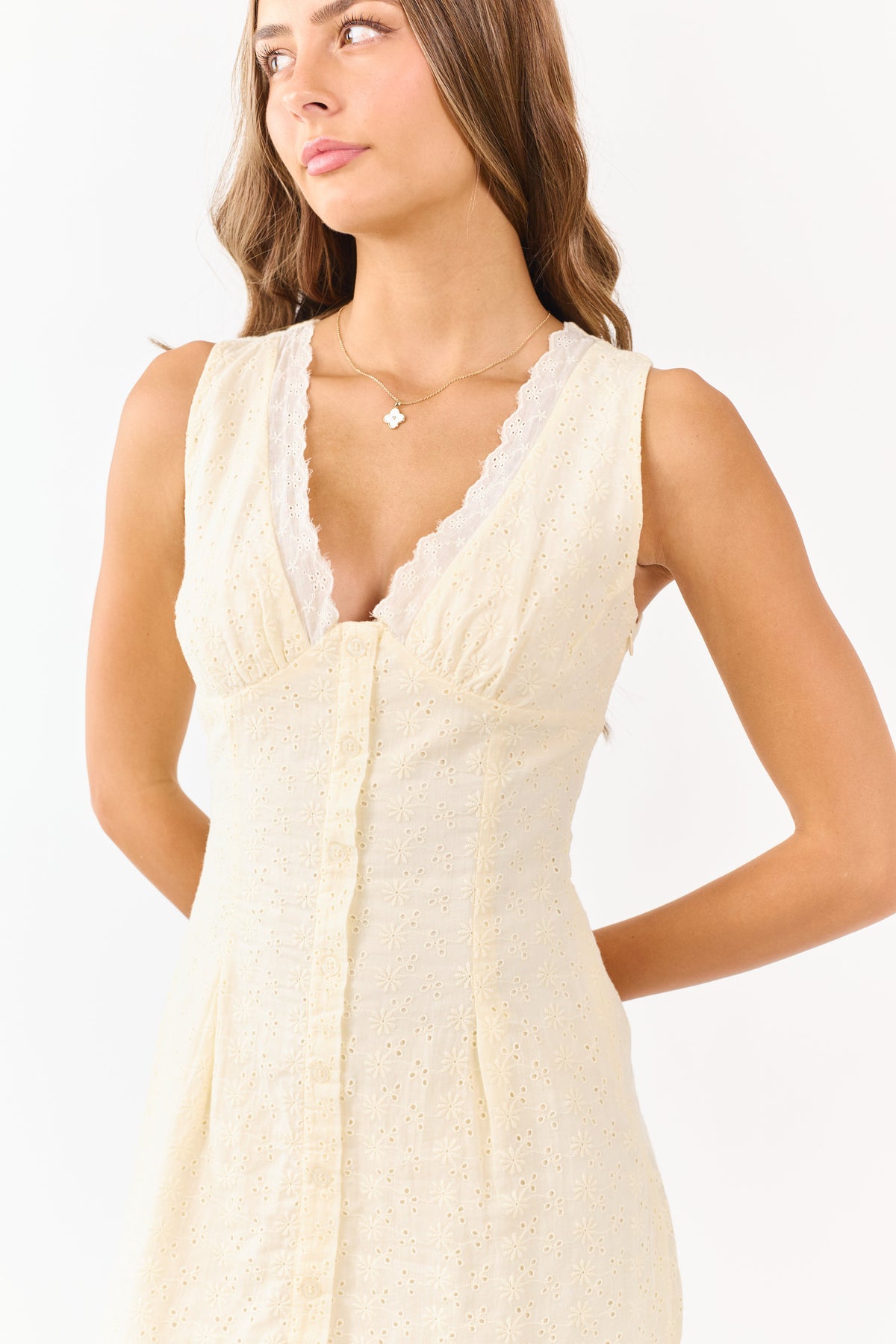 Buttercream Cotton Eyelet Lace Button Down Mini Dress