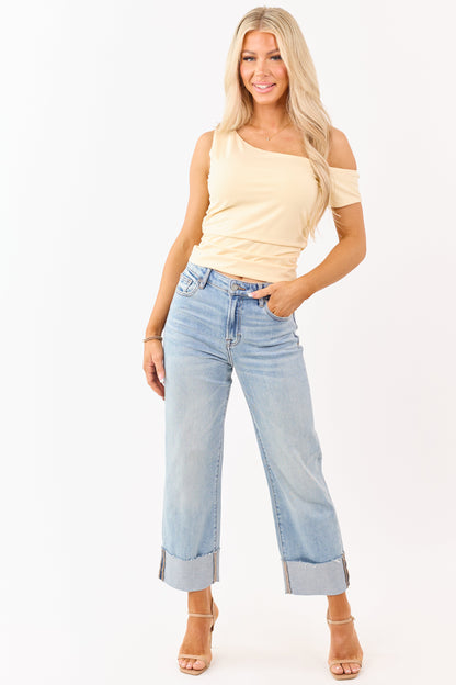 Buttercream One Shoulder Ruched Short Sleeve Top