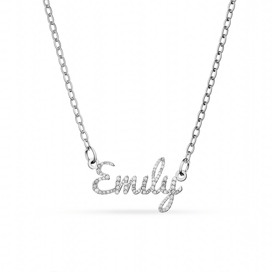 Crystal Cursive Name Necklace (Silver)