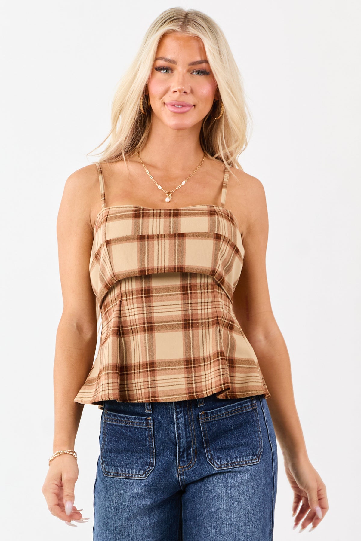 Camel Plaid Flair Waist Bust Overlay Tank Top