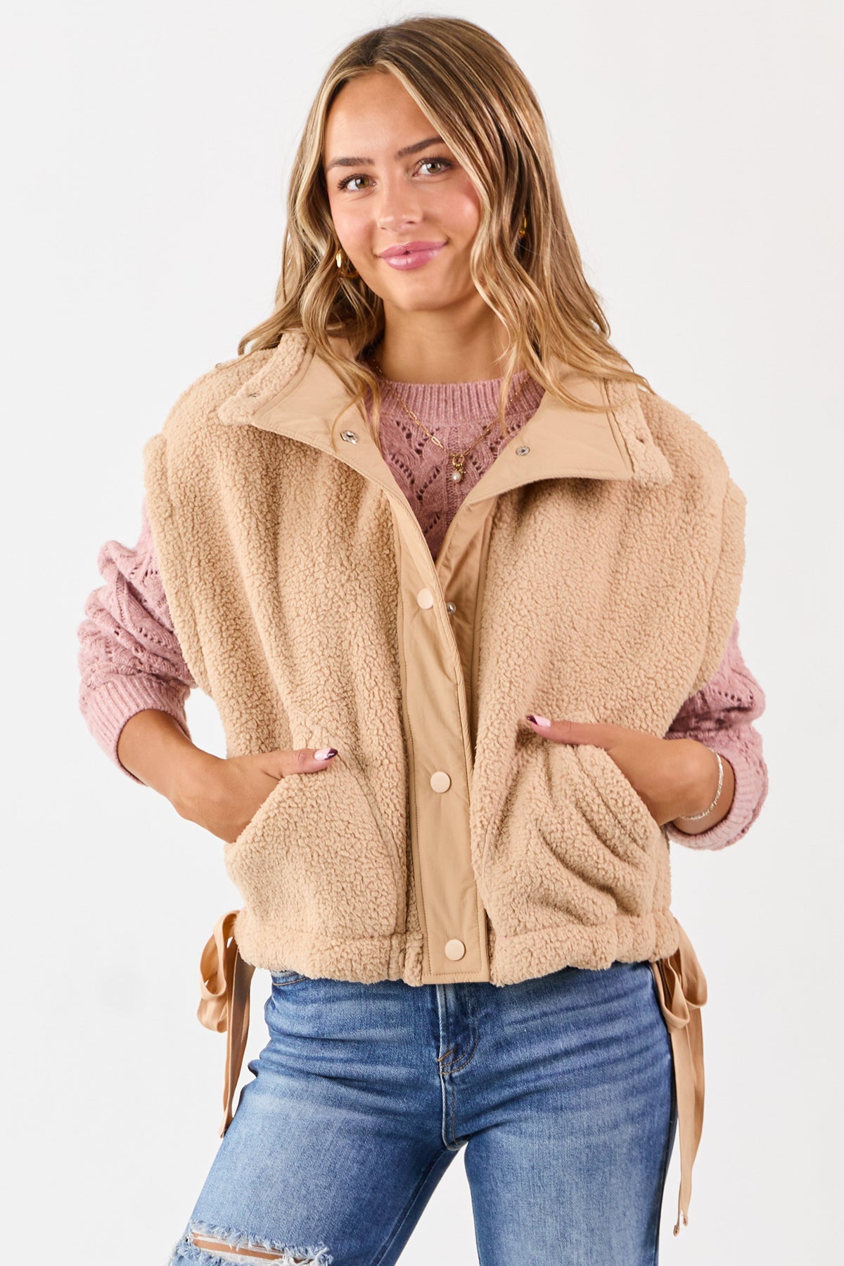 Camel Sherpa Button Down Side Tie Vest