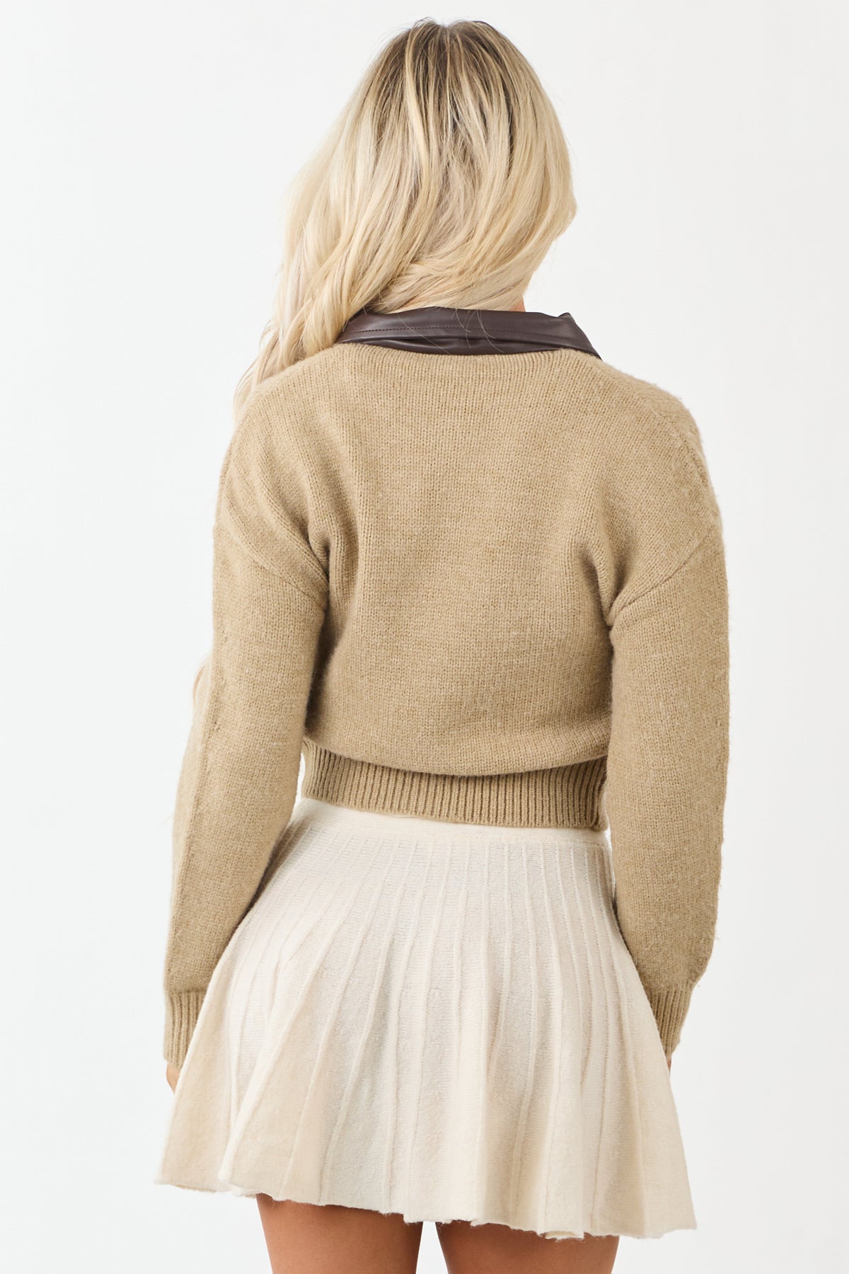 Camel Zip Up Contrast Collared Knit Jacket