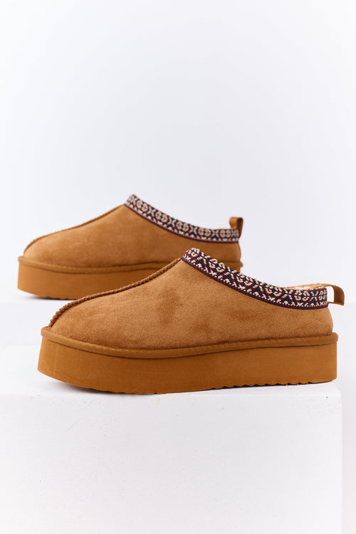 Caramel Faux Suede Fur Lined Platform Slippers
