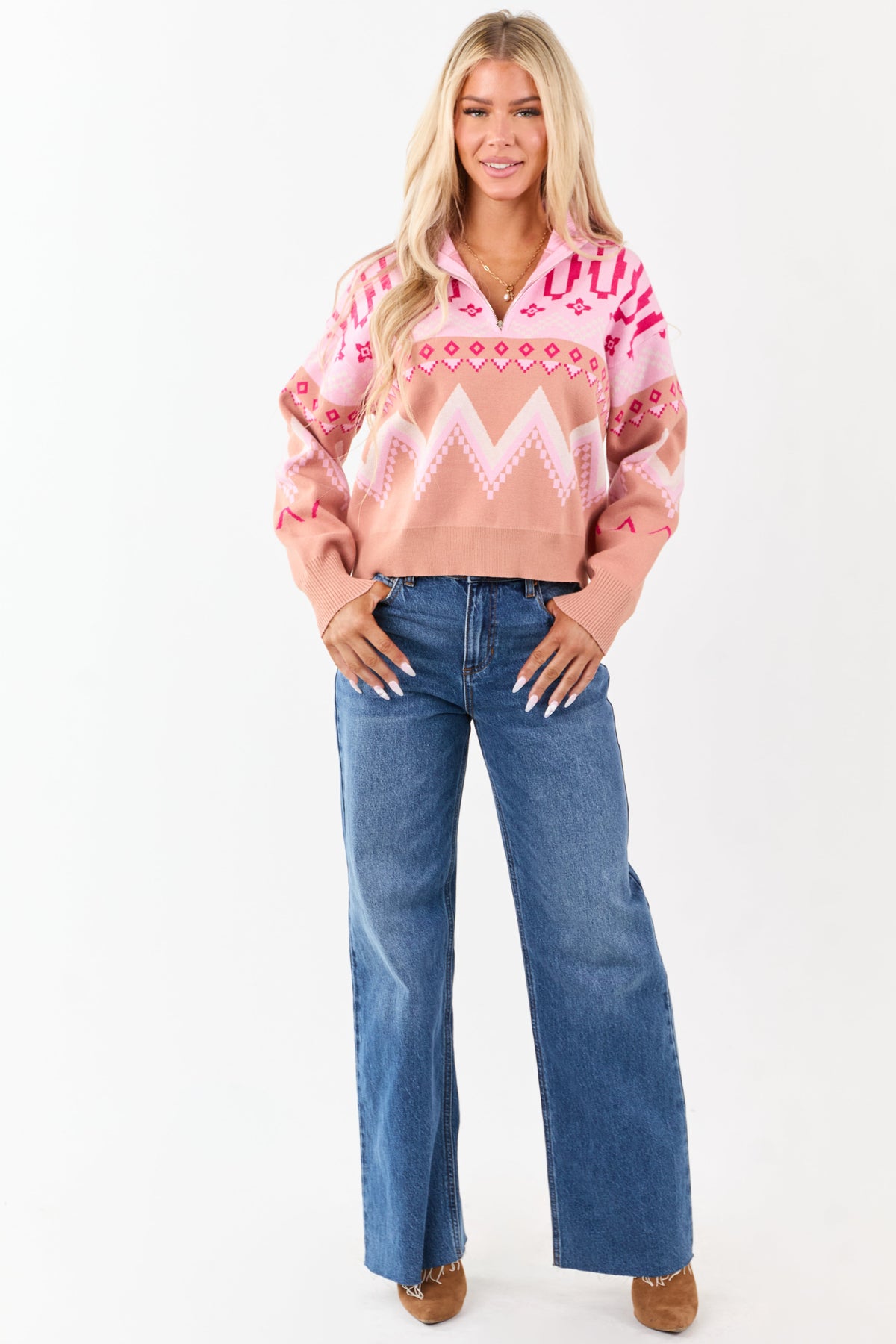 Carnation Geometric Half Zip Up Pullover Sweater