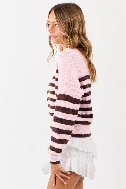Carnation and Chocolate Striped Cotton Sweater