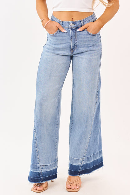 Cello Medium Wash Released Hem Stretchy Wide Jeans