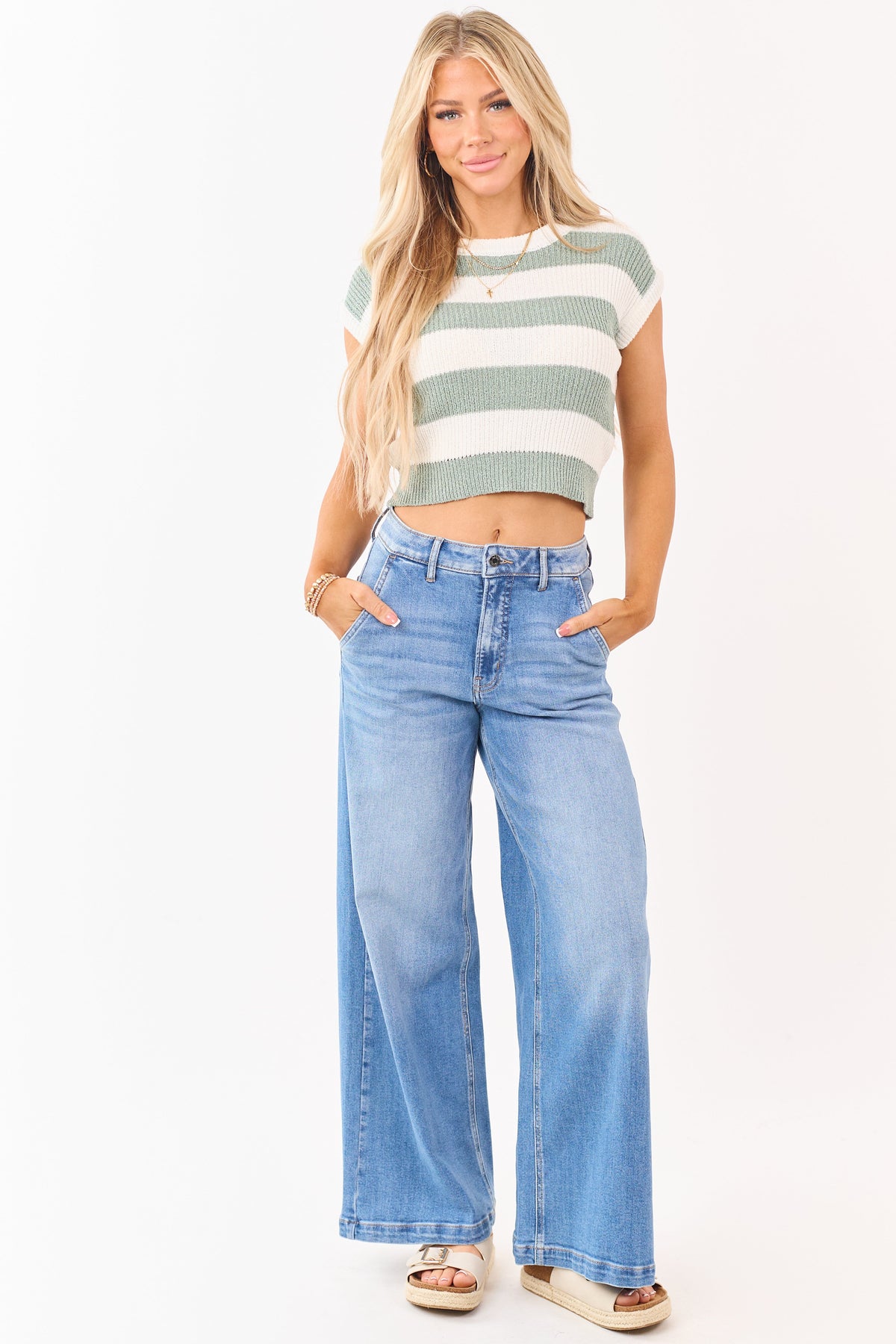 Cello Medium Wash Slant Pocket Wide Stretch Jeans