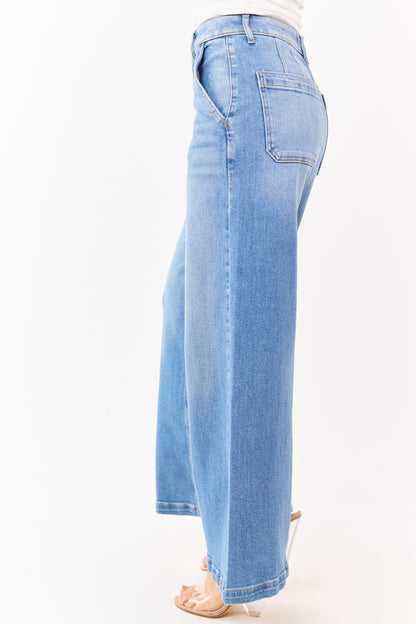 Cello Medium Wash Slant Pocket Wide Stretch Jeans