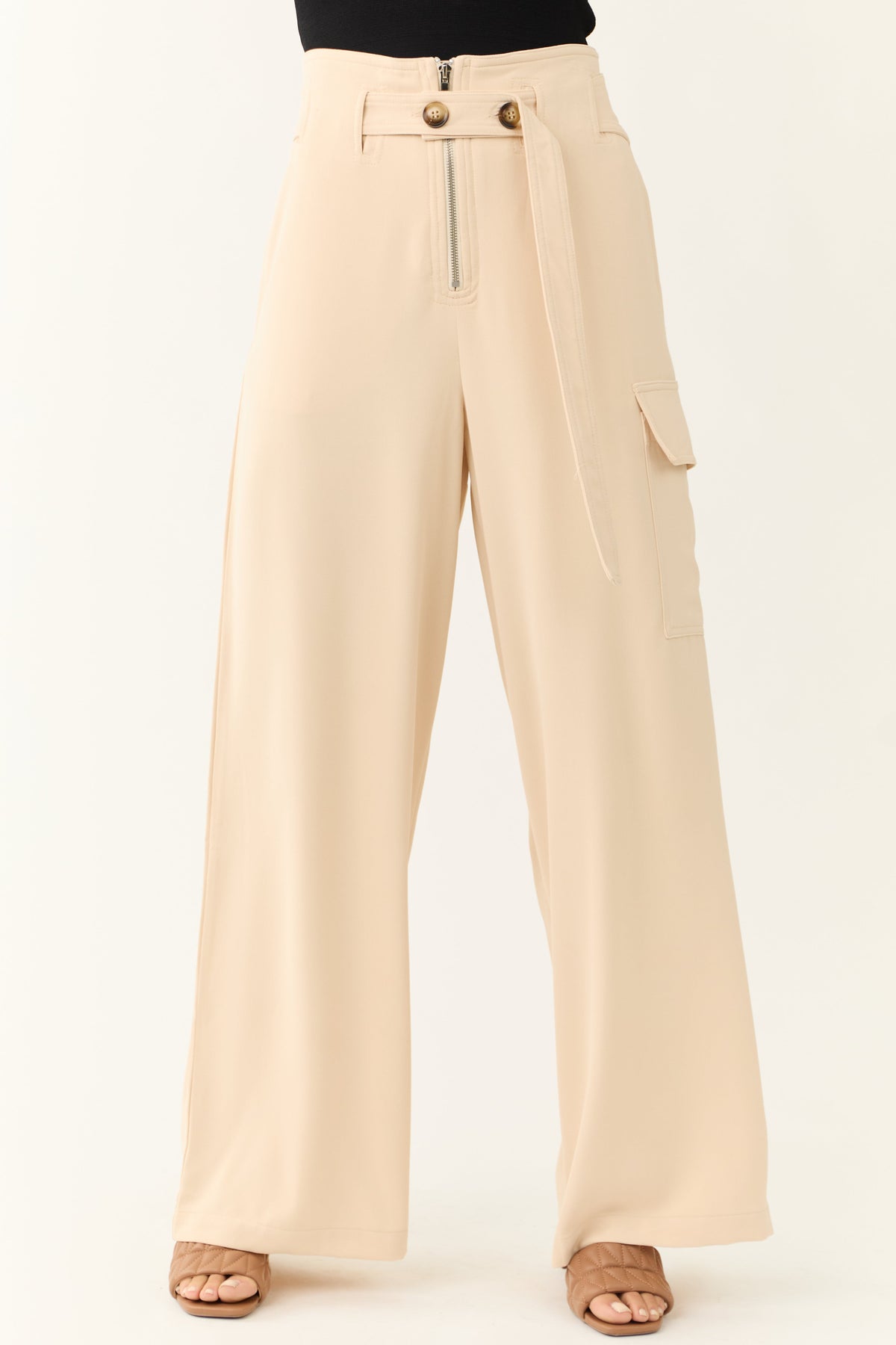 Champagne Belted High Waist Wide Leg Pants