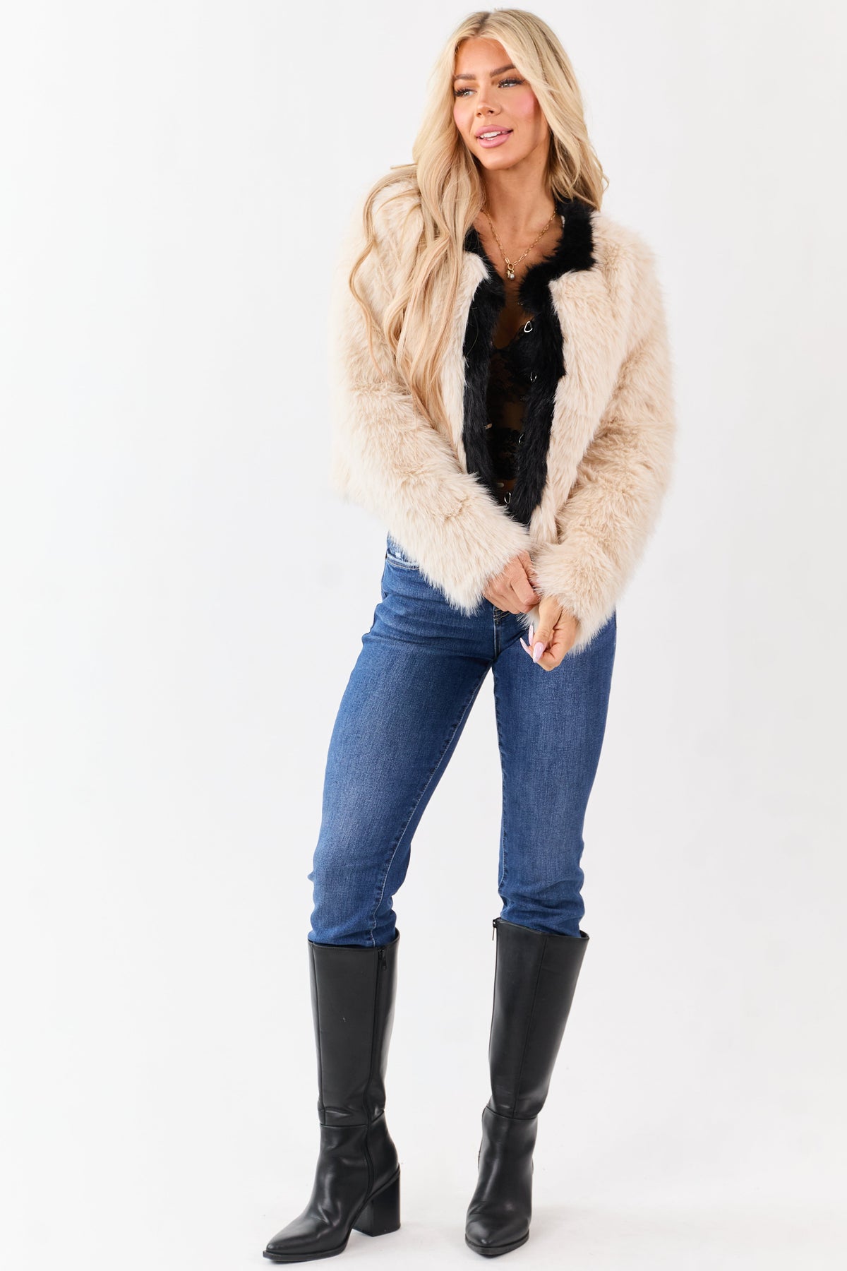 Champagne Faux Fur Contrast Trim Jacket