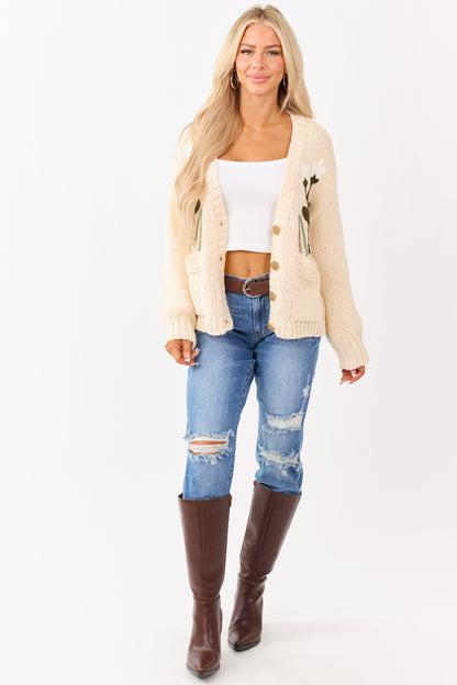 Champagne Floral Embroidery Button Up Knit Cardigan
