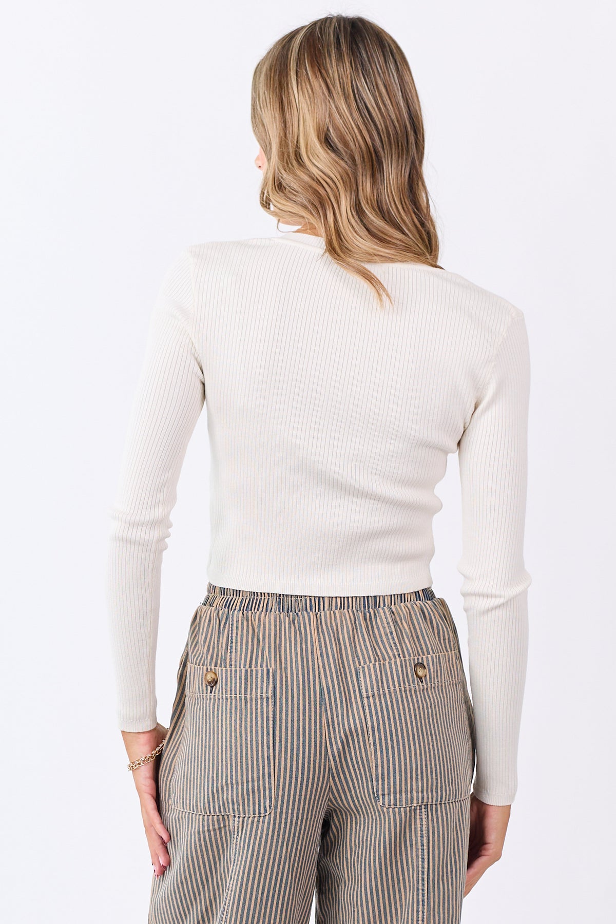 Champagne Rib Knit V-Neck Cropped Sweater Top