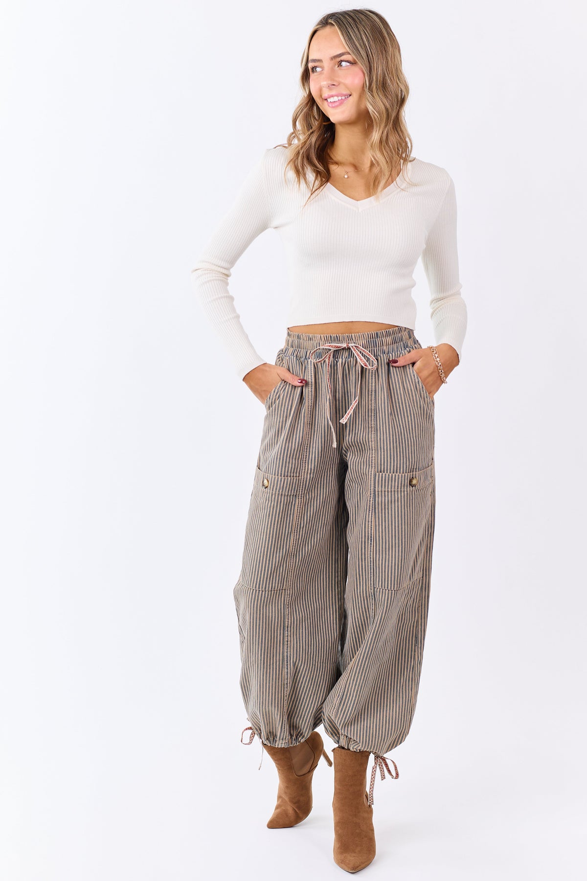 Champagne Rib Knit V-Neck Cropped Sweater Top