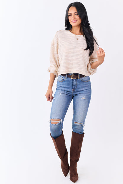 Champagne Waffle Knit Long Sleeve Boxy Top