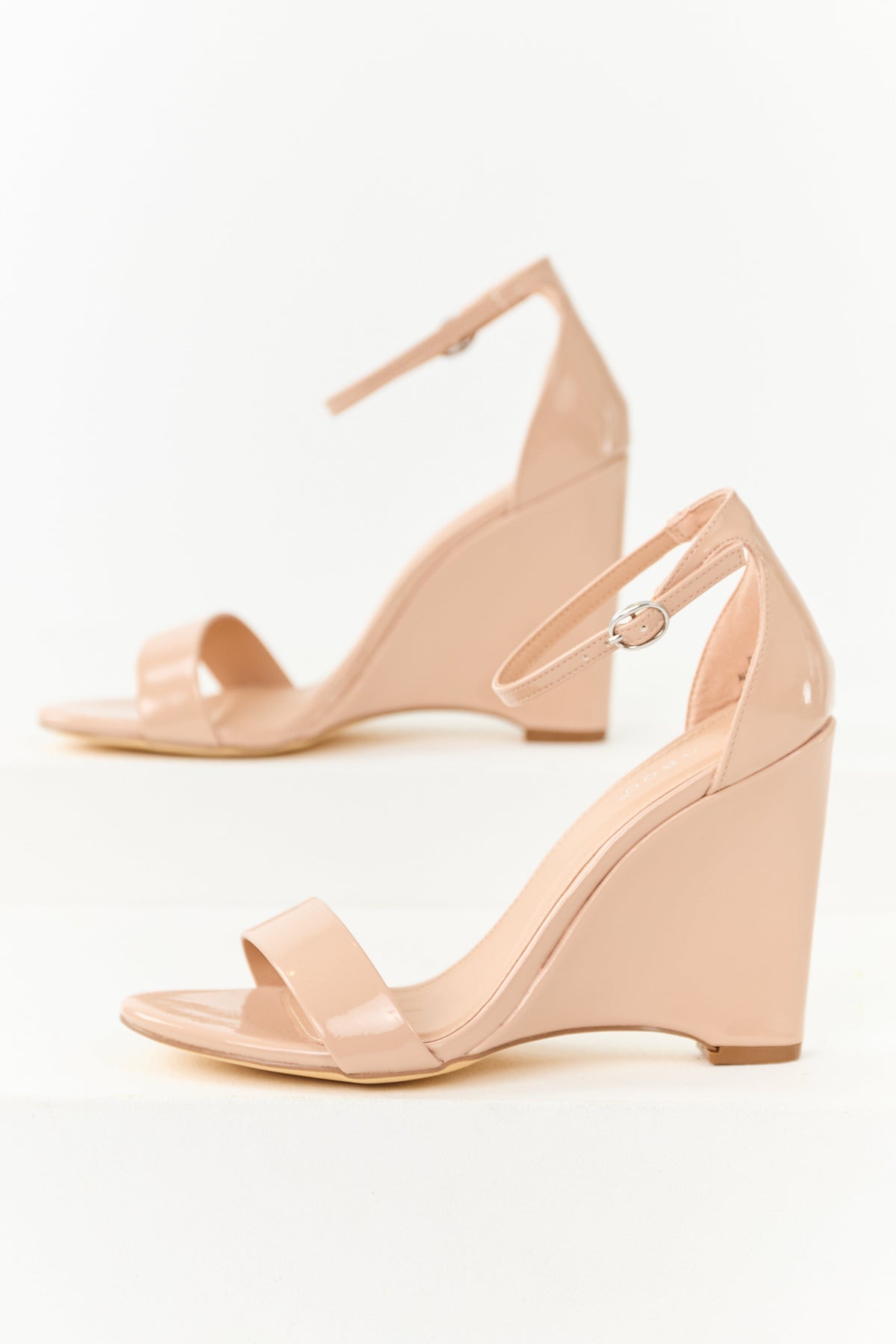 Champagne Faux Leather Ankle Strap Wedges