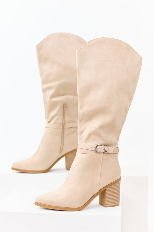 Champagne Faux Suede Ankle Strap Tall Boots