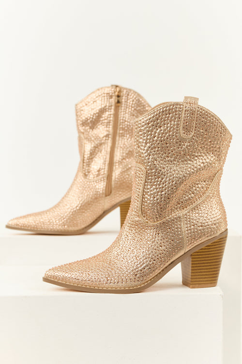 Champagne Rhinestone Embellished Pointed Toe Booties