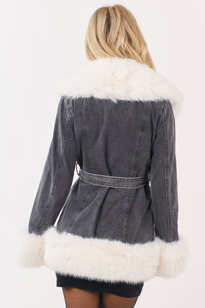 Charcoal Wash Denim Faux Fur Trim Jacket