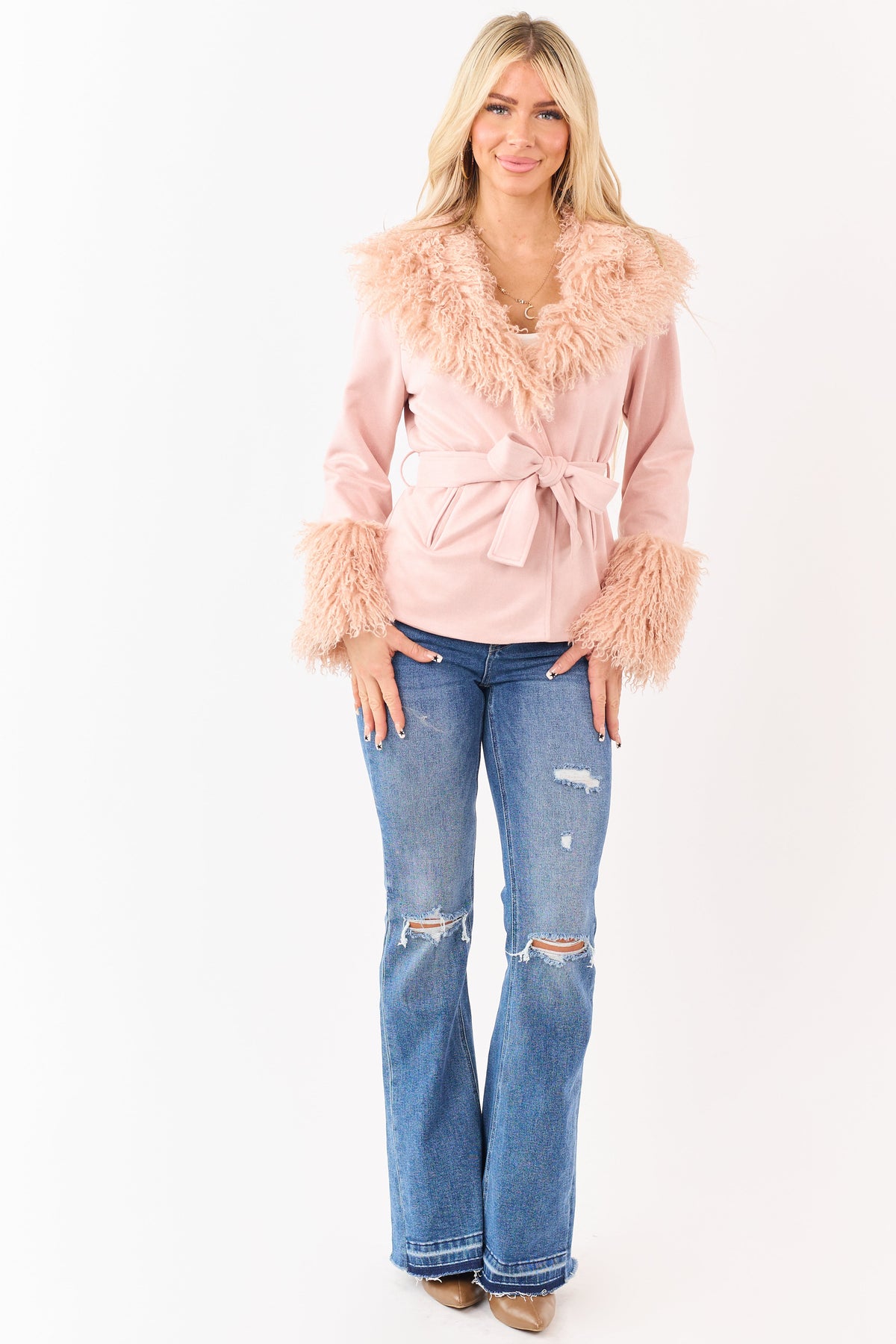 Cherry Blossom Faux Suede Waist Tie Faux Fur Coat