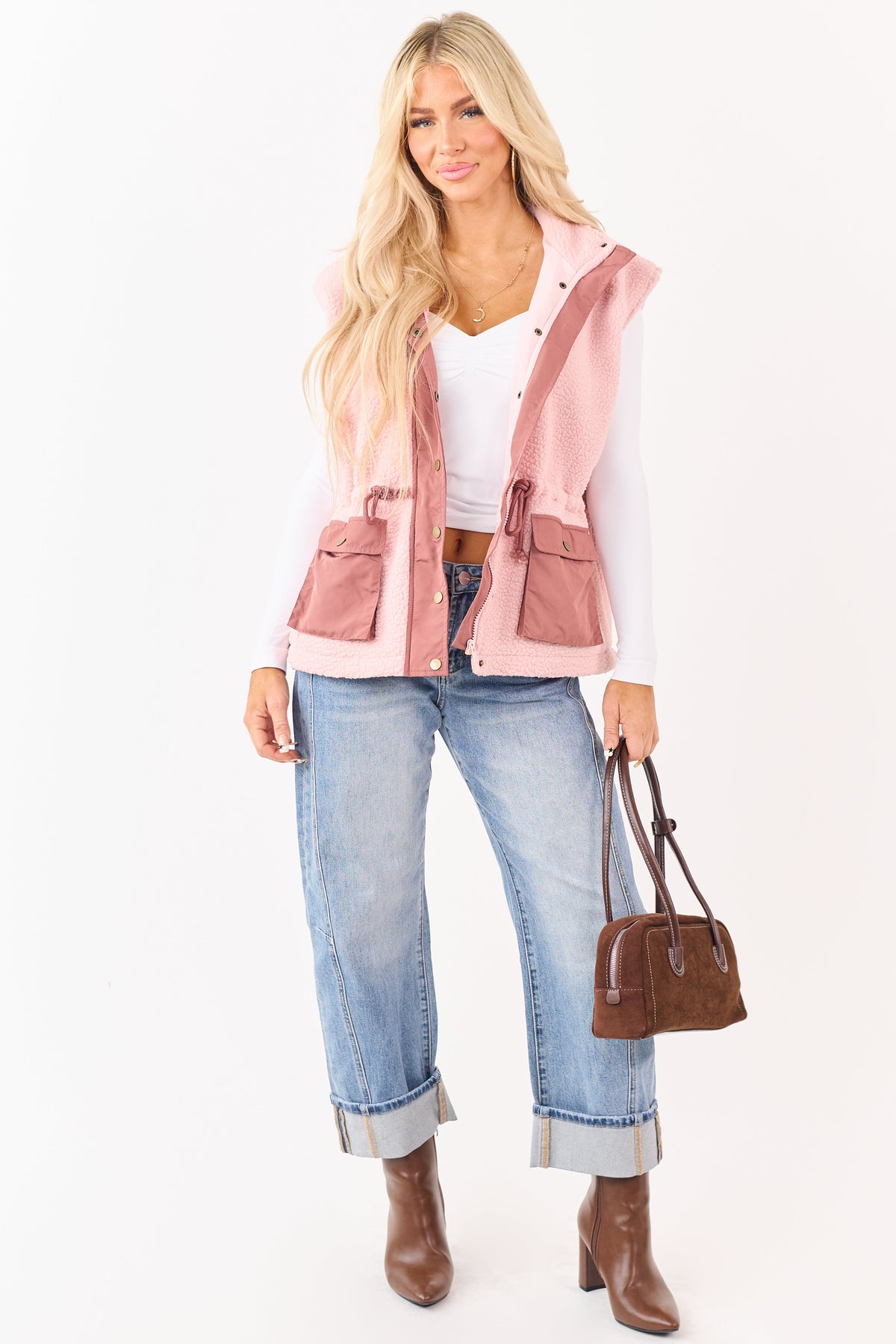 Cherry Blossom Sherpa Button Down Collared Vest