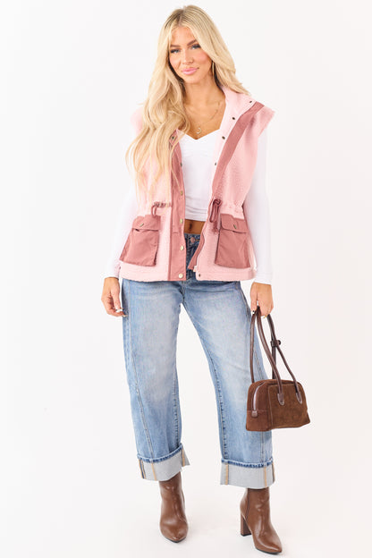 Cherry Blossom Sherpa Button Down Collared Vest