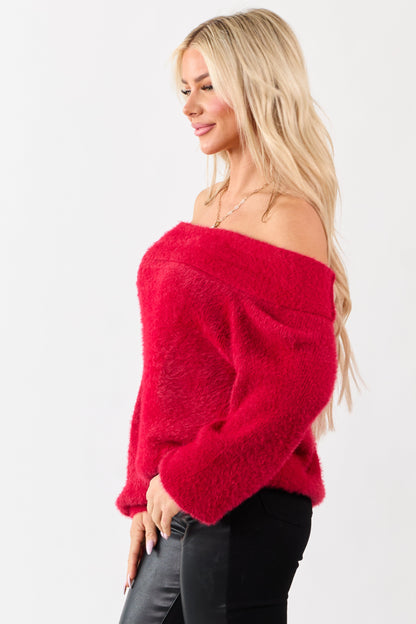 Cherry Eyelash Knit Off Shoulder Long Sleeve Sweater