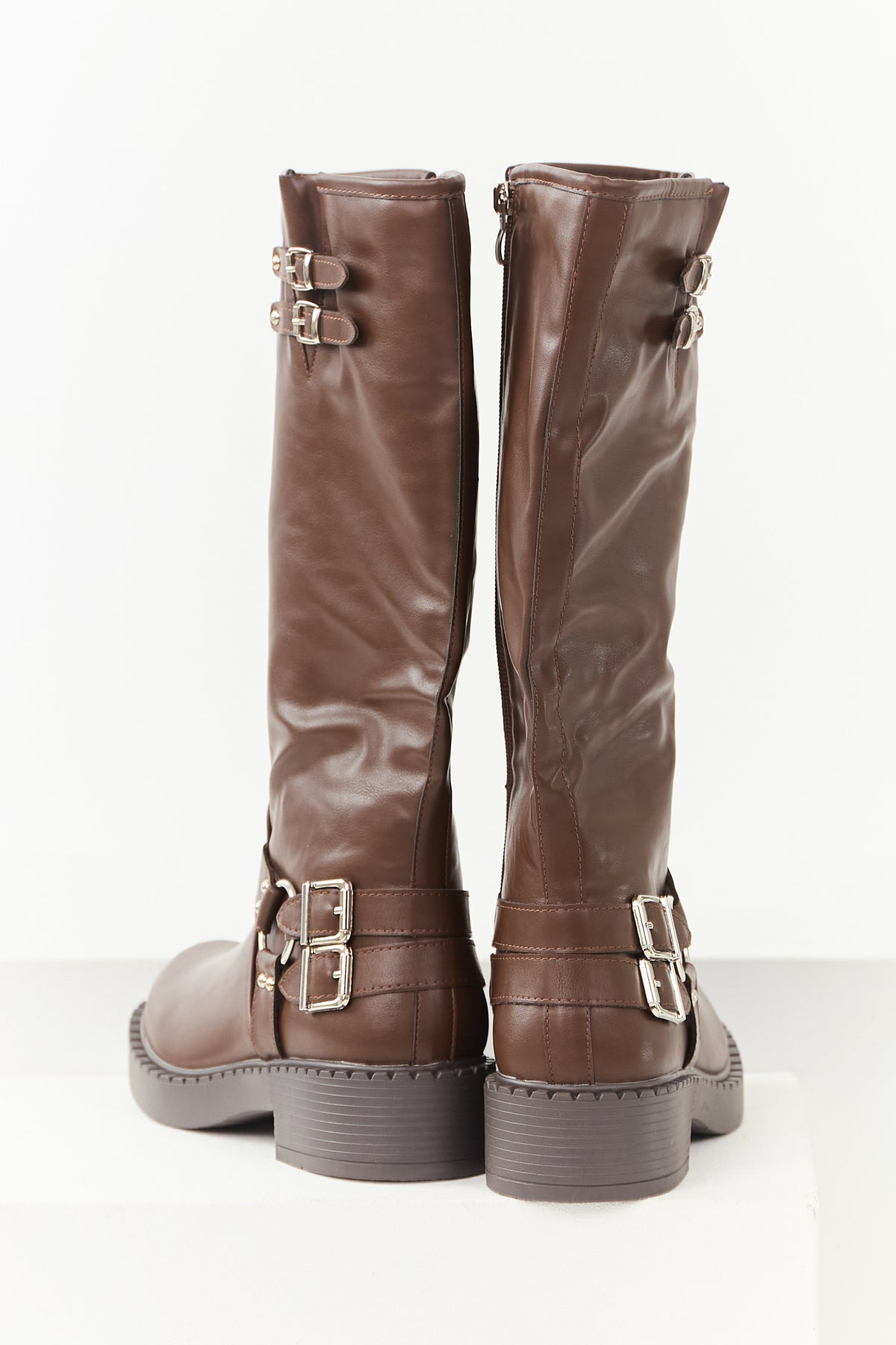 Chocolate Faux Leather Buckle Detail Tall Boots