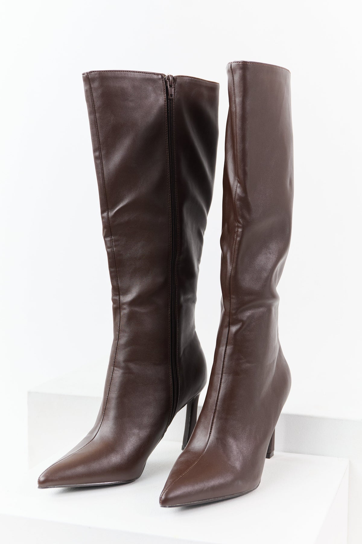 Chocolate Faux Leather High Heel Tall Boots