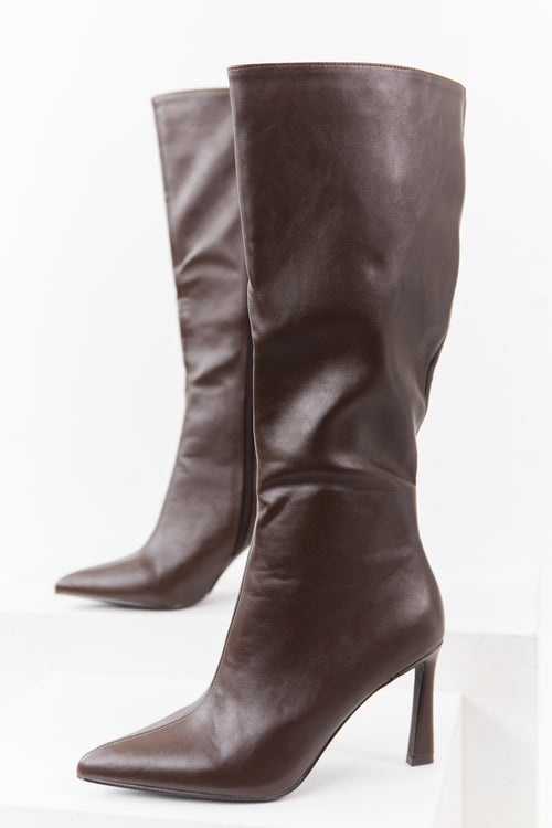 Chocolate Faux Leather High Heel Tall Boots