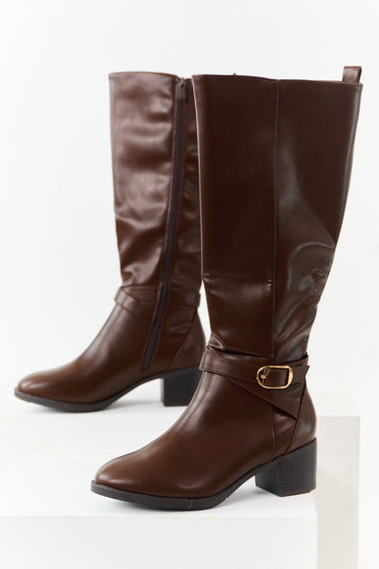 Chocolate Faux Leather Knee High Block Heel Boots