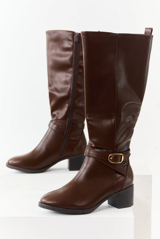 Chocolate Faux Leather Knee High Block Heel Boots