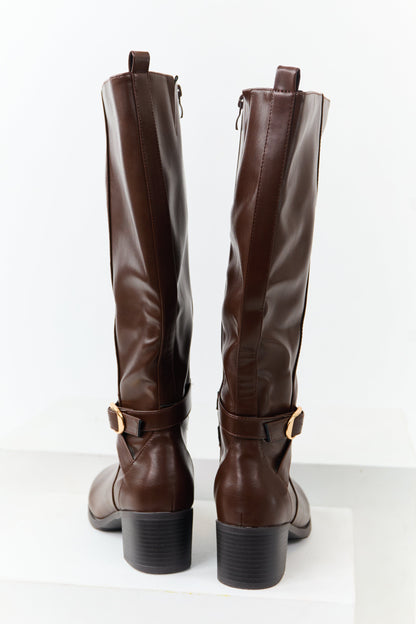 Chocolate Faux Leather Knee High Block Heel Boots