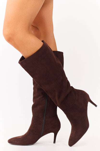 Chocolate Faux Suede Kitten Heel Tall Boots