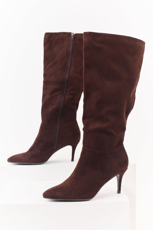 Chocolate Faux Suede Kitten Heel Tall Boots