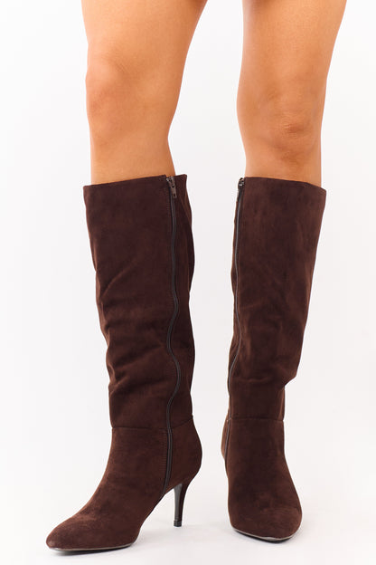 Chocolate Faux Suede Kitten Heel Tall Boots