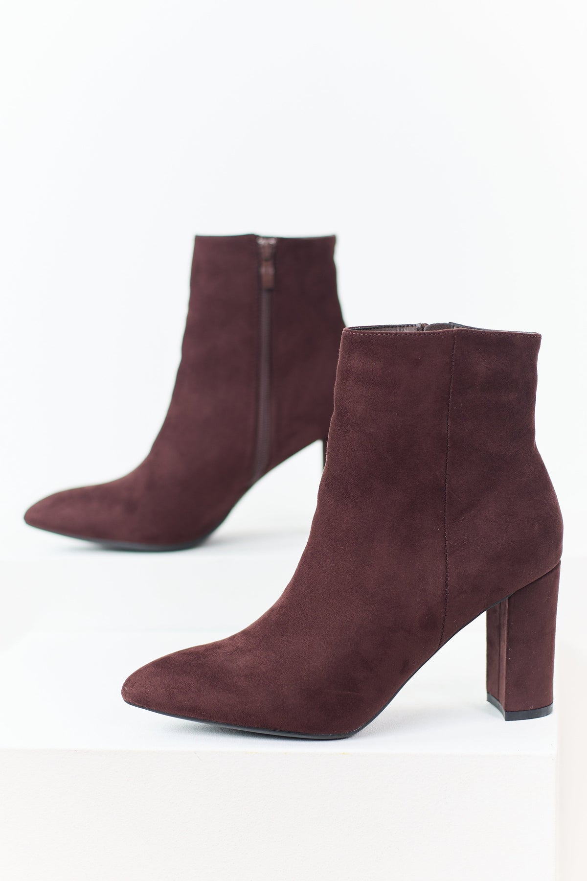 Chocolate Faux Suede Pointed Toe Heeled Booties