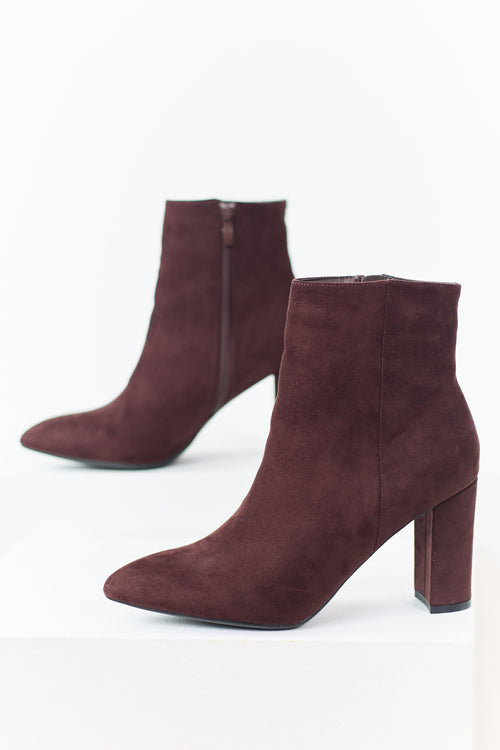 Chocolate Faux Suede Pointed Toe Heeled Booties