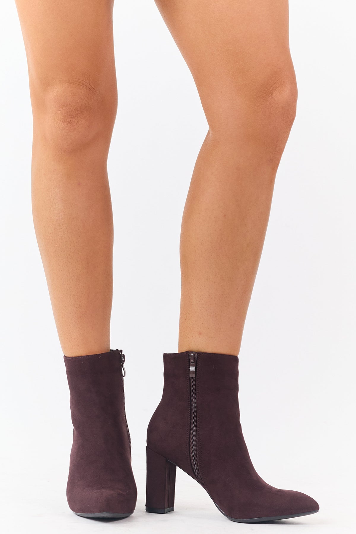 Chocolate Faux Suede Pointed Toe Heeled Booties