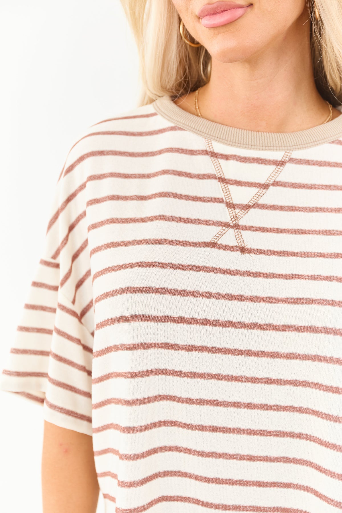 Cinnamon and Ivory Striped Knit Half Sleeve Relaxed Top