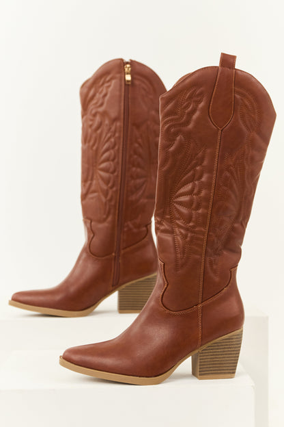 Cinnamon Faux Leather Tall Block Heel Cowboy Boots
