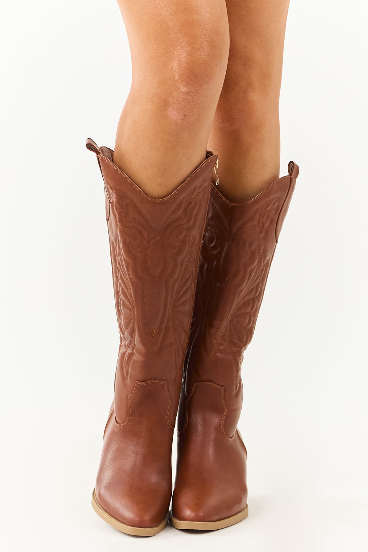 Cinnamon Faux Leather Tall Block Heel Cowboy Boots
