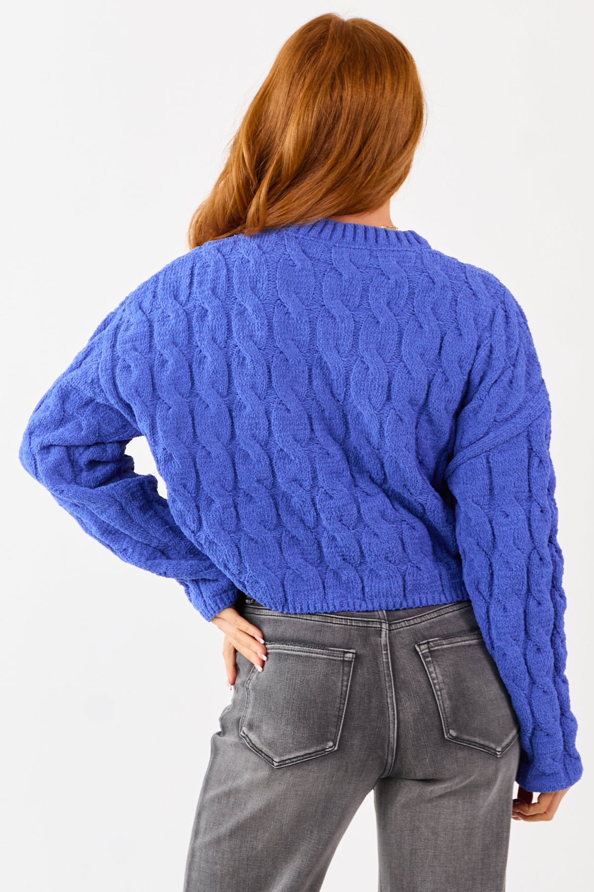 Cobalt Semi Cropped Chenille Cable Knit Sweater