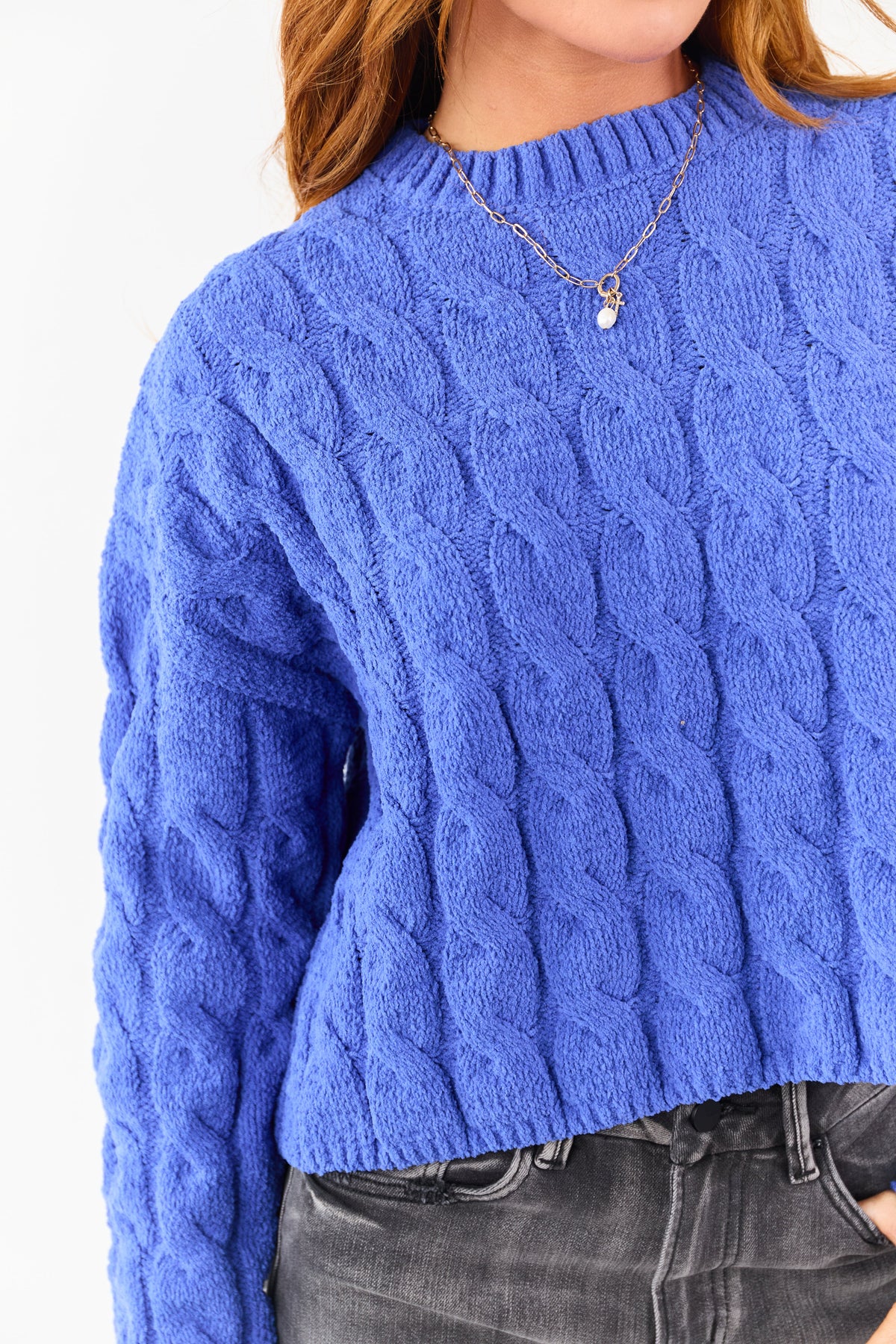 Cobalt Semi Cropped Chenille Cable Knit Sweater