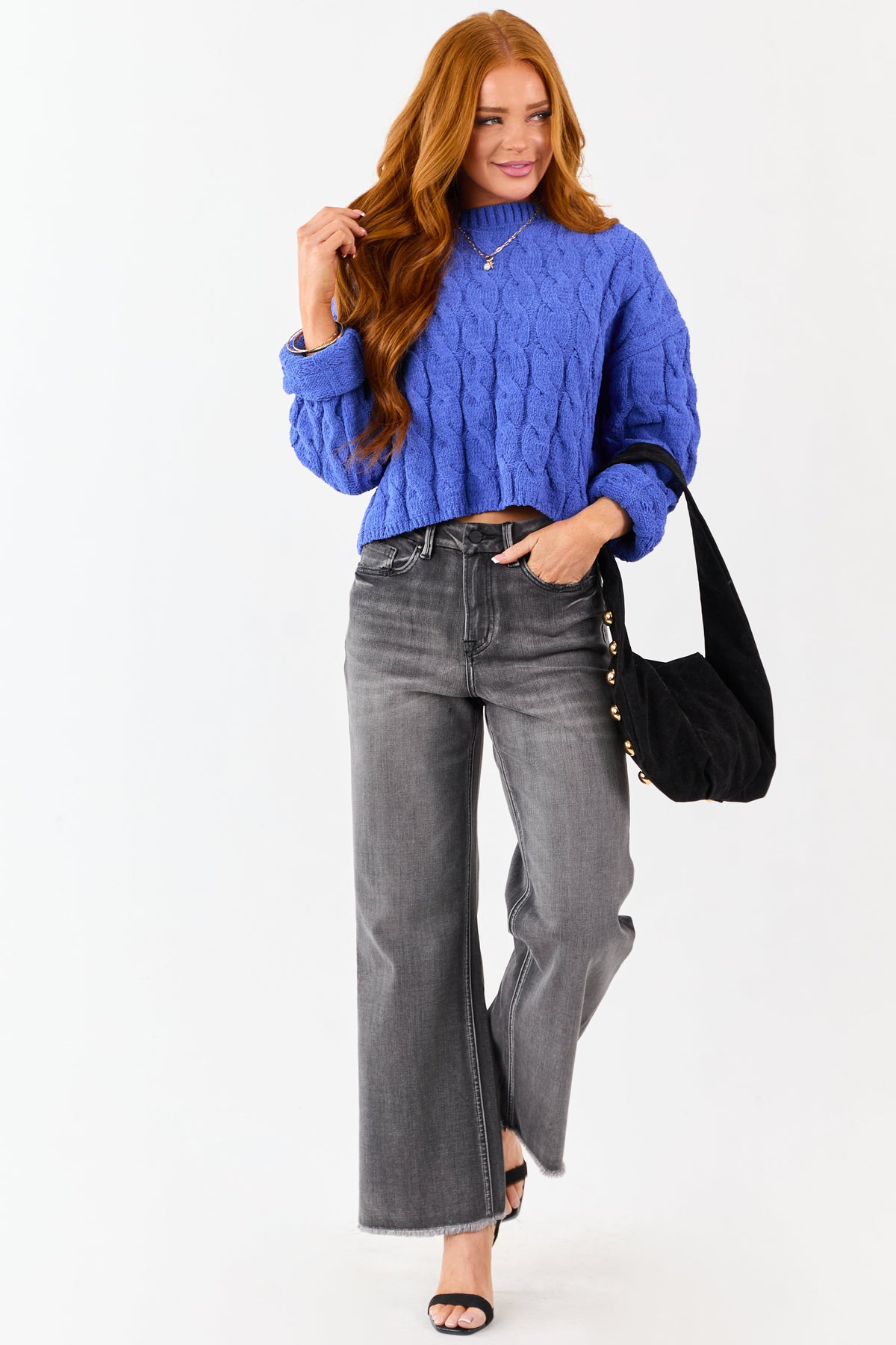 Cobalt Semi Cropped Chenille Cable Knit Sweater