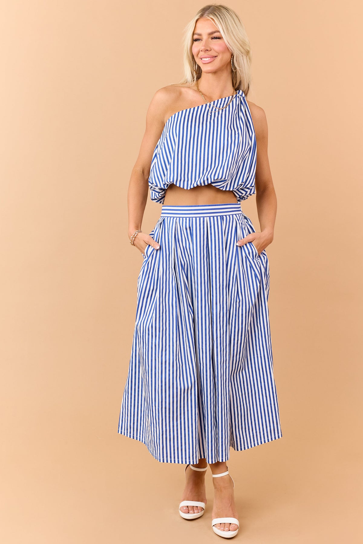 Cobalt and Off White Striped Cotton Maxi Skirt