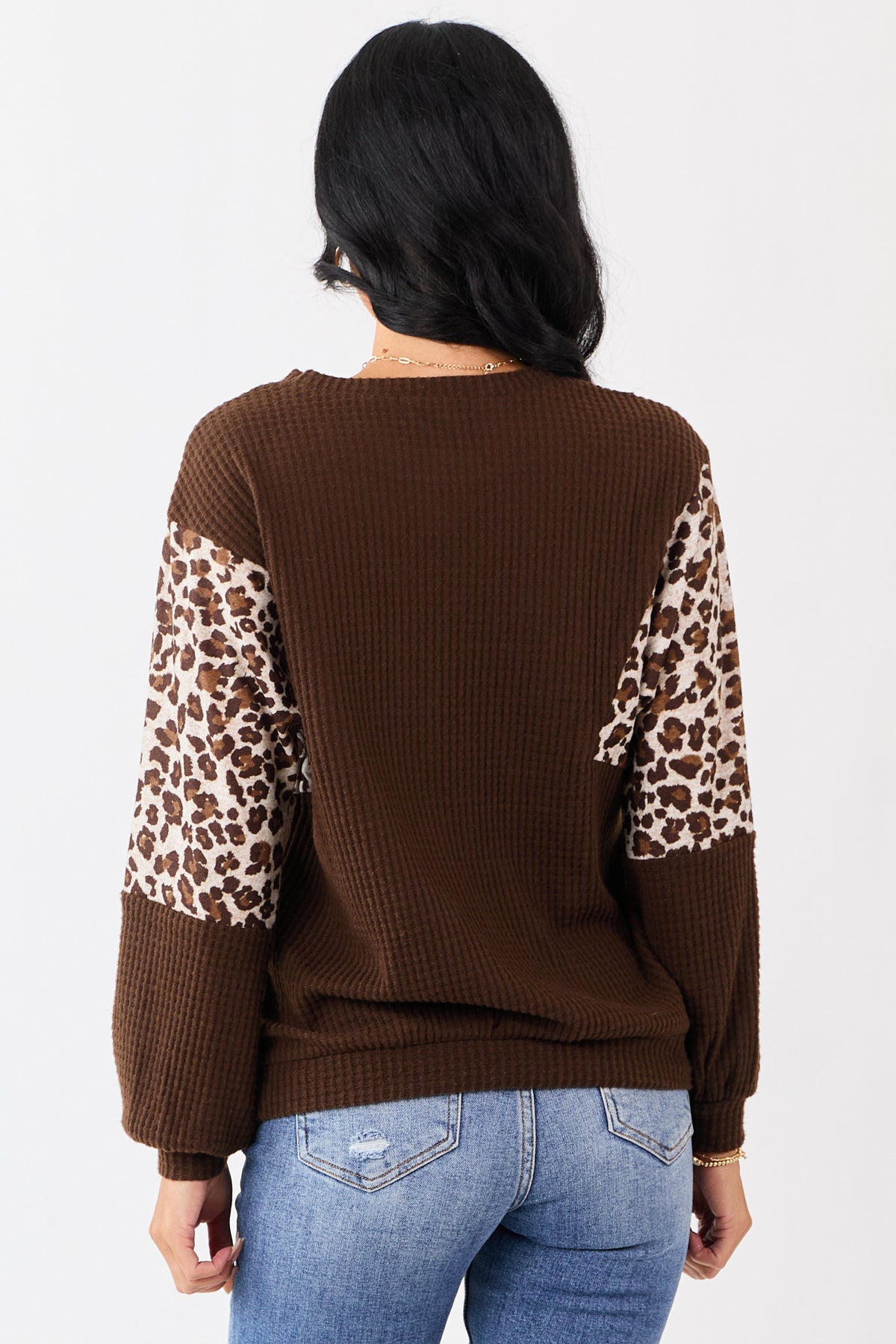 Cocoa Waffle Knit Contrast Leopard Print Sweater